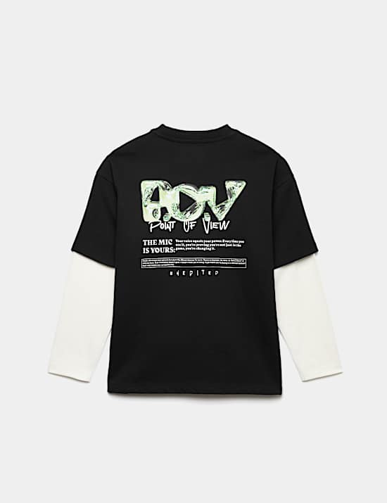Pure Cotton Graphic Mock Sleeve T-Shirt (6-16 Yrs)