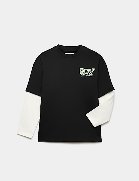 Pure Cotton Graphic Mock Sleeve T-Shirt (6-16 Yrs)