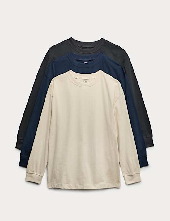 3pk Pure Cotton Long Sleeve Tops (6-16 Yrs)