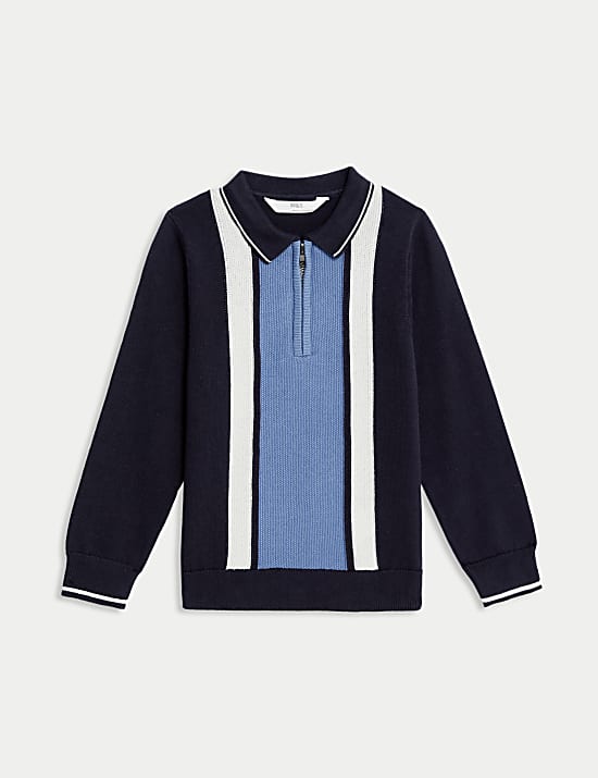 Πλεκτή ριγέ μπλούζα πόλο με φερμουάρ από 100% βαμβάκι (2-8 ετών)