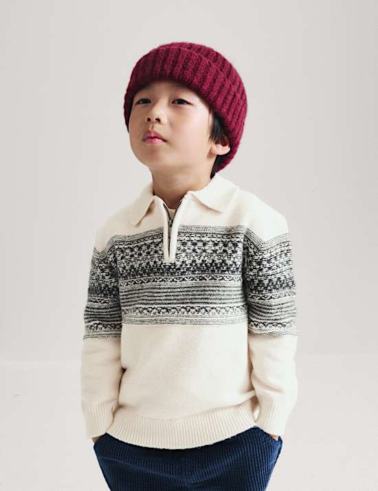 Pull en coton m&eacute;lang&eacute; &agrave; motif jacquard et fermeture zipp&eacute;e (du 2 au 8 ans)