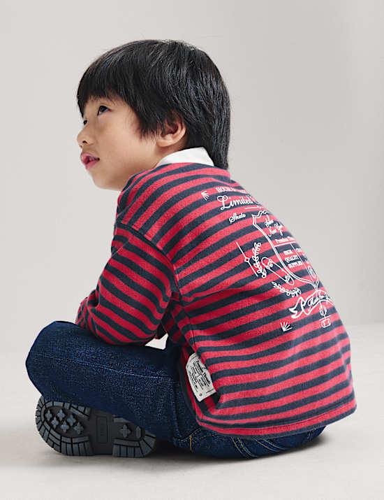 Pure Cotton Striped Graphic Rugby Top (2-8 Yrs)