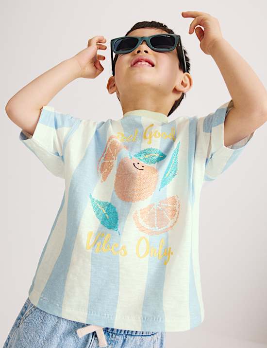 Gestreiftes T-Shirt aus reiner Baumwolle mit Grafik (2&ndash;8 J.)