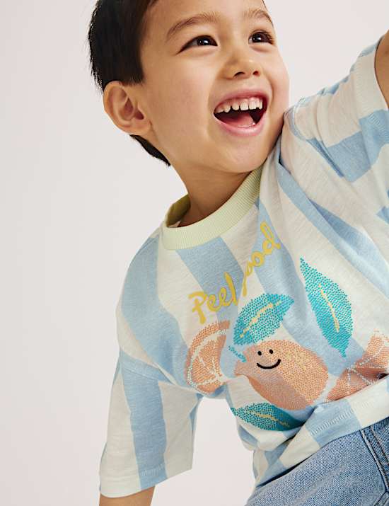 Gestreiftes T-Shirt aus reiner Baumwolle mit Grafik (2&ndash;8 J.)