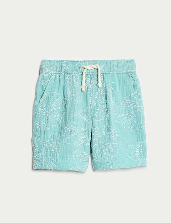 Pure Cotton Leaf Embroidered Shorts (2-8 Yrs)