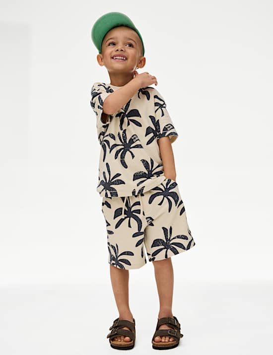 2 potong Set Kaus Oblong dan Celana Pendek Katun Murni Motif Palem (2–8 Tahun)