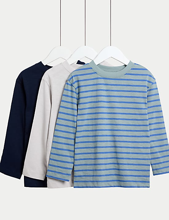 3pk Pure Cotton Striped and Plain Tops (2-8 Yrs)