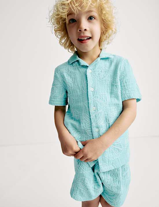Pure Cotton Leaf Embroidered Shirt (2-8 Yrs)