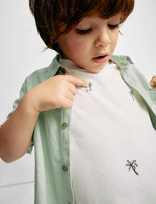 2 potong Set Kemeja dan Kaus Oblong Katun Linen (2–8 Tahun)