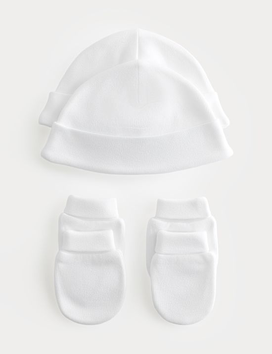 Ensemble 4 pi&egrave;ces 100 % coton avec bonnet et moufles (2,3 kg-6 mois)