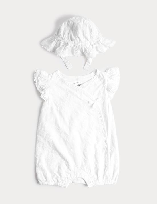 2 Piece Pure Cotton Romper & Hat Outfit (0-18 Mths)