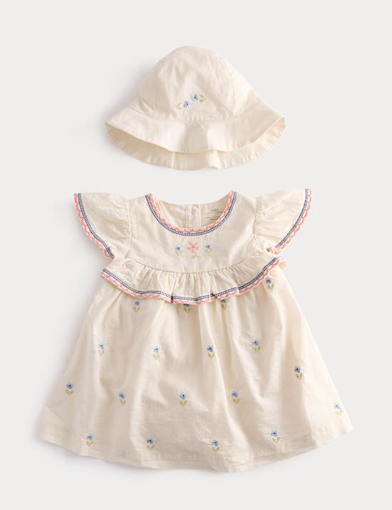 2 Piece Pure Cotton Floral Dress & Hat Outfit (0-2 Yrs)