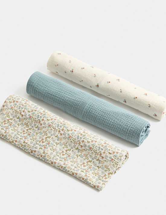 3er-Pack Mullt&uuml;cher aus reiner Baumwolle mit Bl&uuml;mchendesign