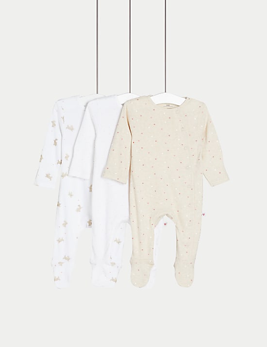 3pk Pure Cotton Bunny Sleepsuits (6½lbs-3 Yrs)