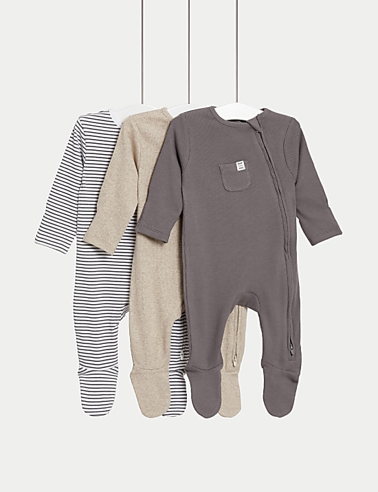 Set van 3 katoenrijke slaappakjes, effen en gestreept (0-3 jaar)