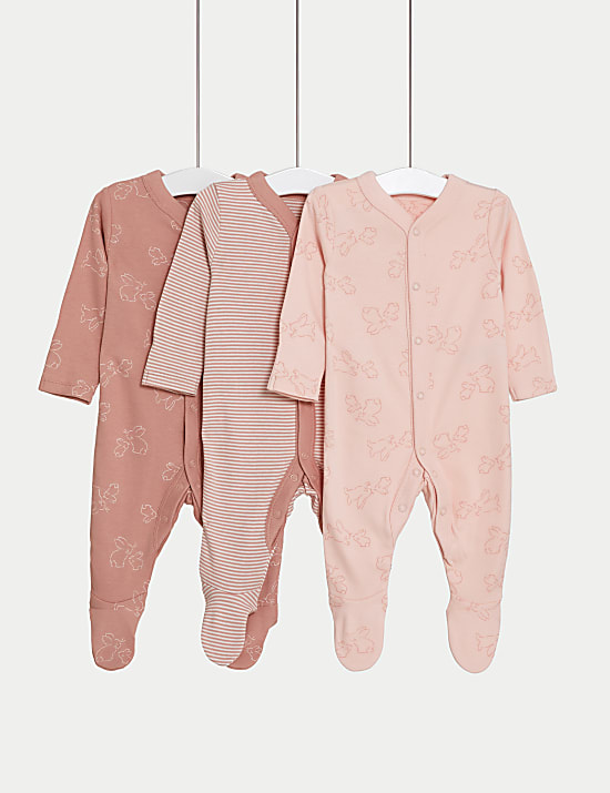 3pk Pure Cotton Bunny & Striped Sleepsuits (5lbs-3 Yrs)