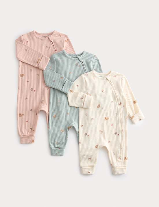 3pk Cotton Rich Woodland Print Sleepsuits (0-3 Yrs)