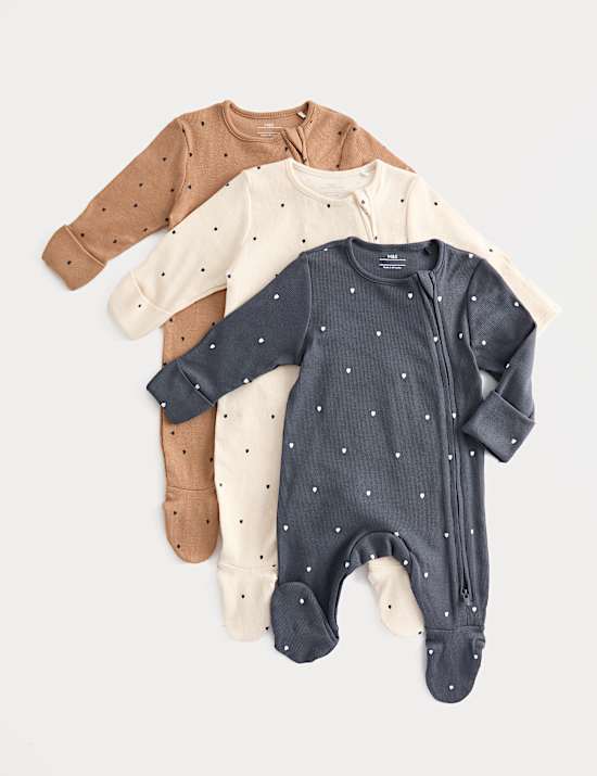 3pk Cotton Rich Heart Ribbed Sleepsuits (6½lbs-3 Yrs)