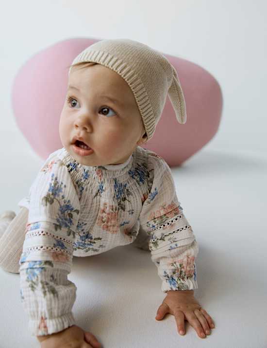 Ensemble 3 pièces en coton combinaison à motif floral avec bonnet et collants (3,2 kg-1 an)