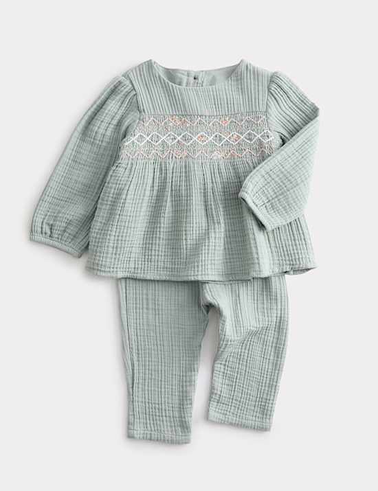 2pc Pure Cotton Smocked Outfit (0-24 Mths)