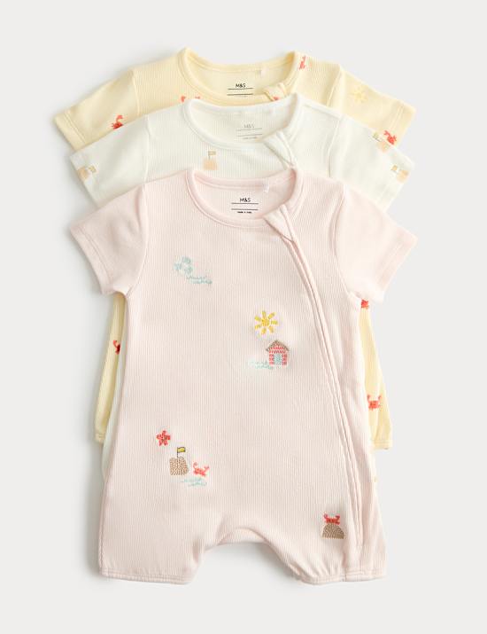 3 Pack Cotton Rich Embroidered Rompers (7lbs-3 Yrs)