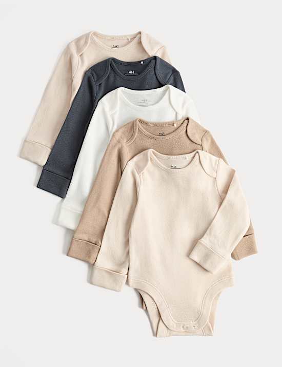 5 Pak Pakaian Terusan Bayi Polos Katun Murni Lengan Panjang (7 lbs-3 Thn)