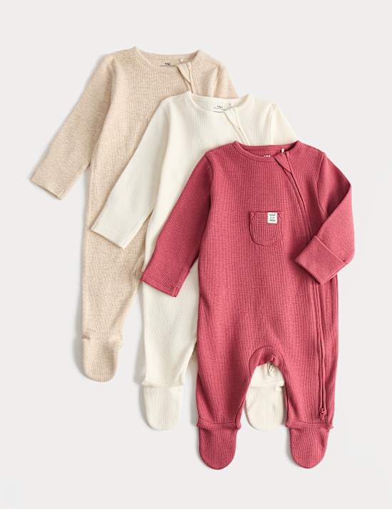3 Pack Pure Cotton Waffle Sleepsuits (7lbs-3 Yrs)