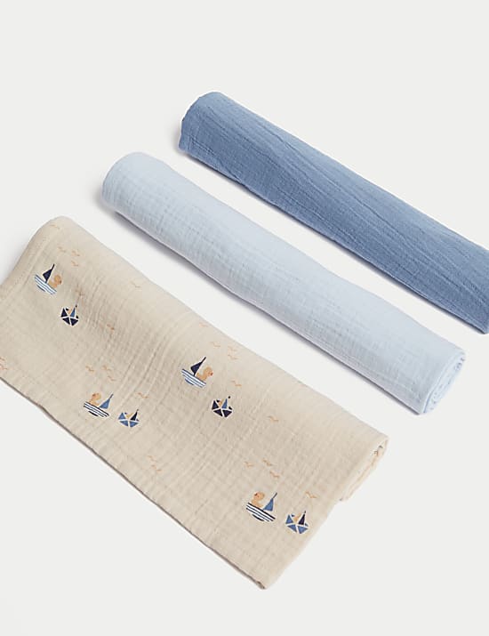 Lot de 3 carr&eacute;s en mousseline 100 % coton &agrave; motif marin