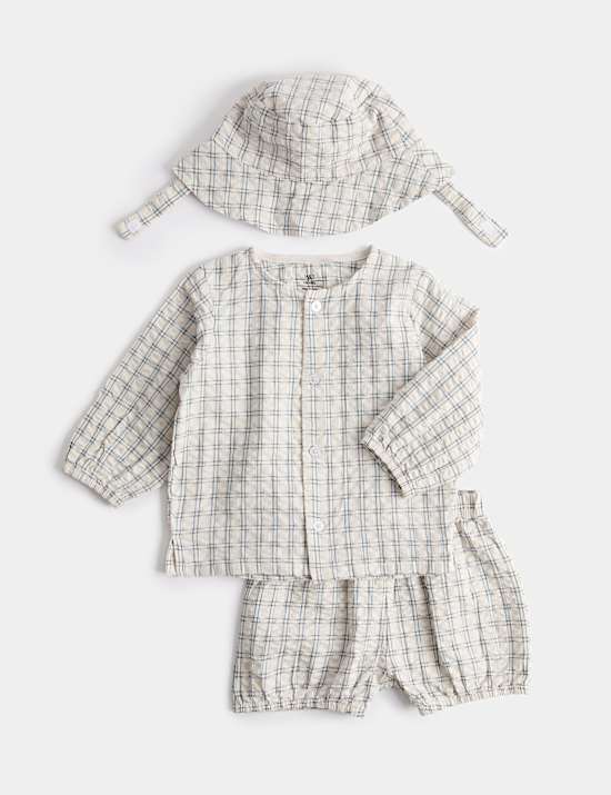 3 Piece Gingham Outfit & Hat Set (0-2 Yrs)