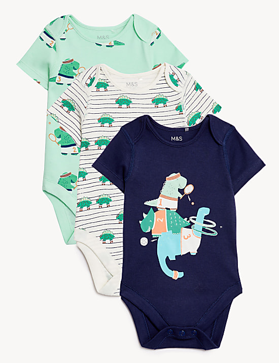 3pk Pure Cotton Dinosaur Bodysuits