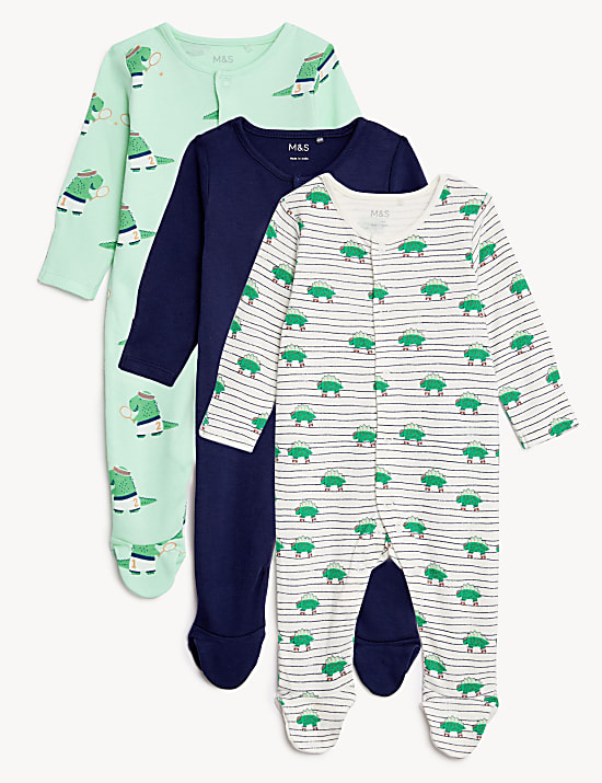 3pk Pure Cotton Dinosaur Sleepsuits