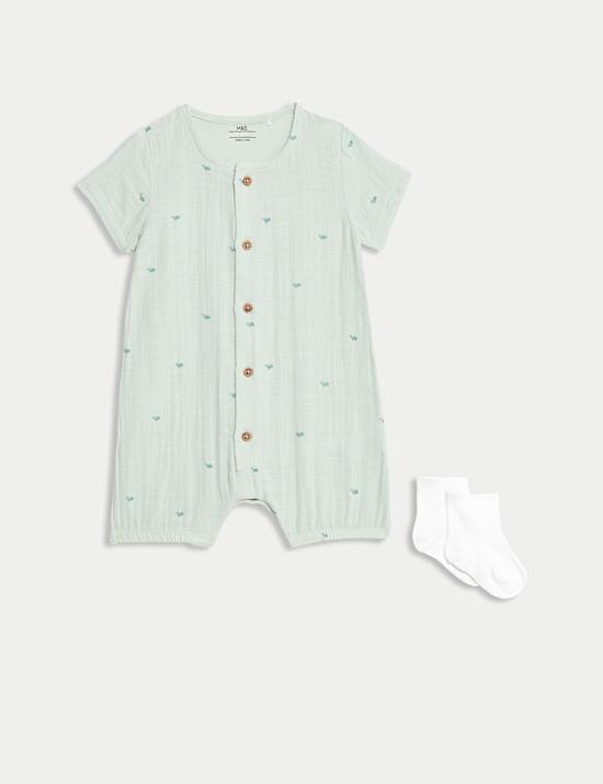 2pc Pure Cotton Whale Print Romper Set (7lbs-12 Mths)