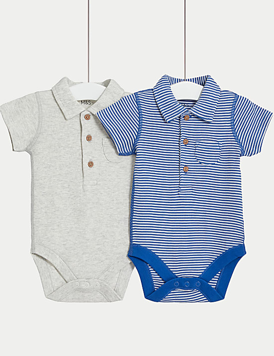 2pk Pure Cotton Polo Bodysuits 6 lbs 3 Yrs GREY MIX Baby grows M S GR