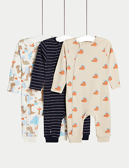 3pk Pure Cotton Dino & Striped Sleepsuits (6&frac12;lbs-3 Yrs)