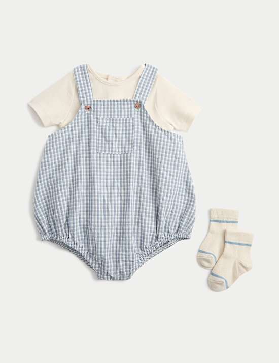 Ensemble 3 pi&egrave;ces en coton combinaison body &agrave; carreaux Vichy et chaussettes (3,2 kg-3 ans)