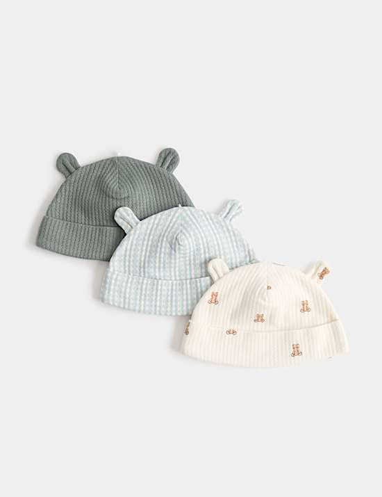 Kids' 3 Pack Pure Cotton Hats with Ears (0-12 Mths)