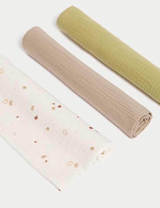 3pk Pure Cotton Leaf Print Muslins