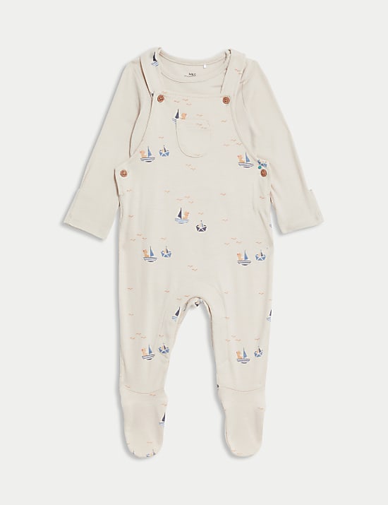 2 Potong Pakaian Katun Murni Motif Kapal (7lbs-1 Thn)