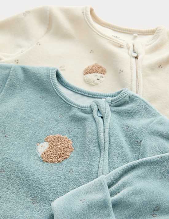 2pk Cotton Rich Velour Sleepsuits (0-3 Yrs)