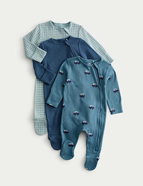 3pk Pure Cotton Car Print Sleepsuits (0 Mths-3 Yrs)