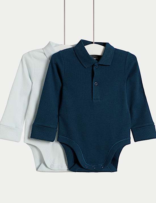 2pk Pure Cotton Long Sleeve Polo Bodysuits (0-3Yrs)