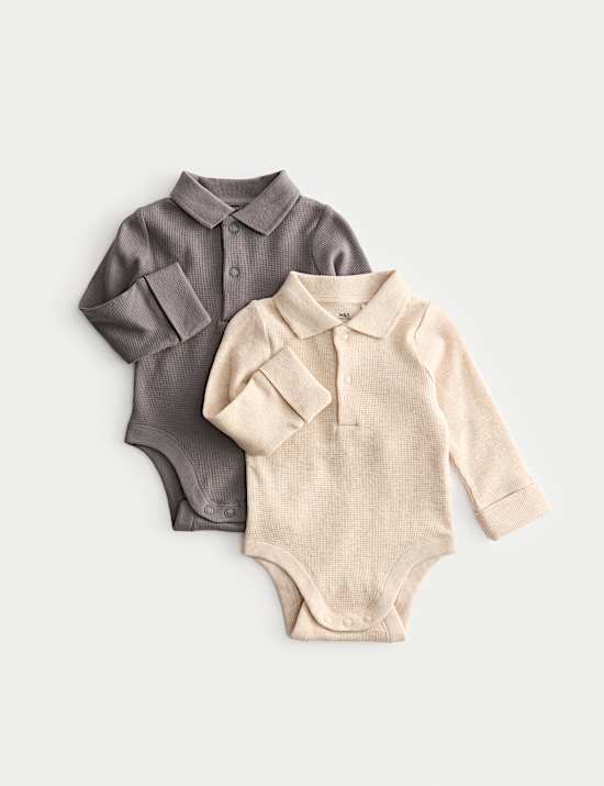 2pk Pure Cotton Long Sleeve Polo Bodysuits (0-3Yrs)