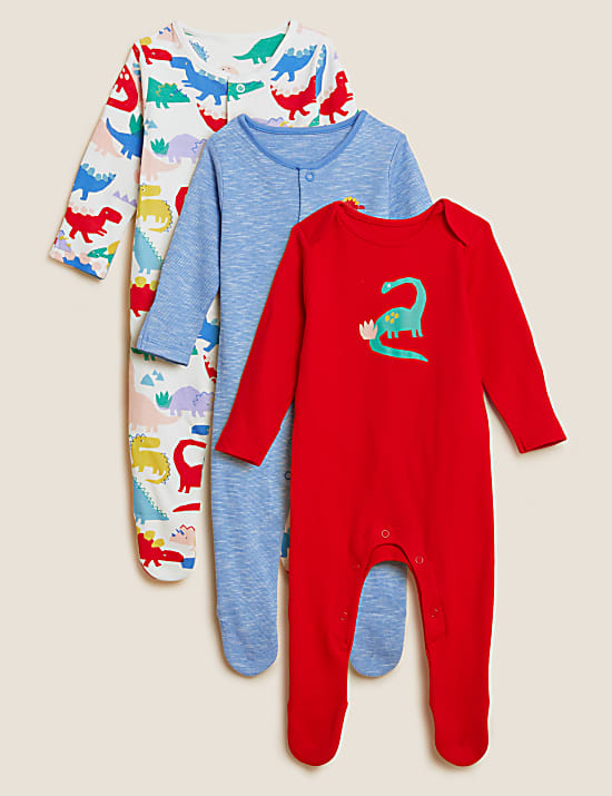 3pk Pure Cotton Dinosaur Sleepsuits (61/2lbs - 3 Yrs)