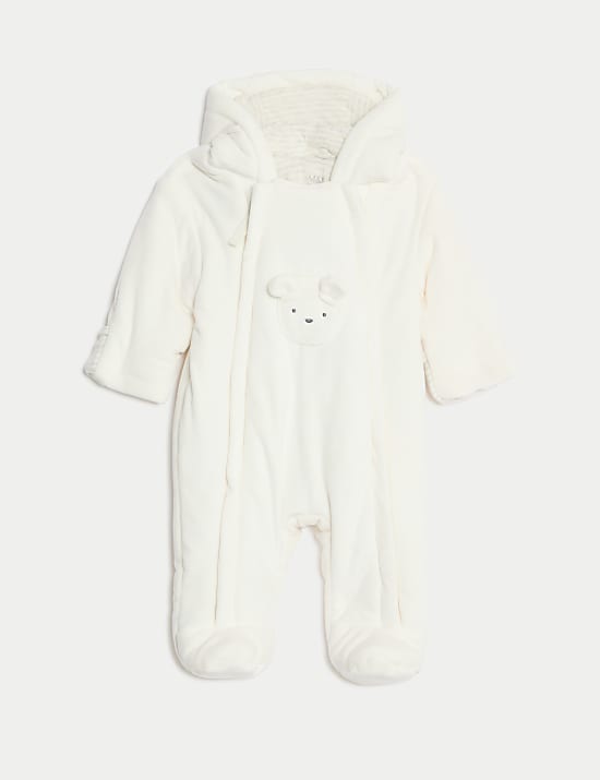 Velour Bear Pocket Hooded Pramsuit (0-12 Mths)
