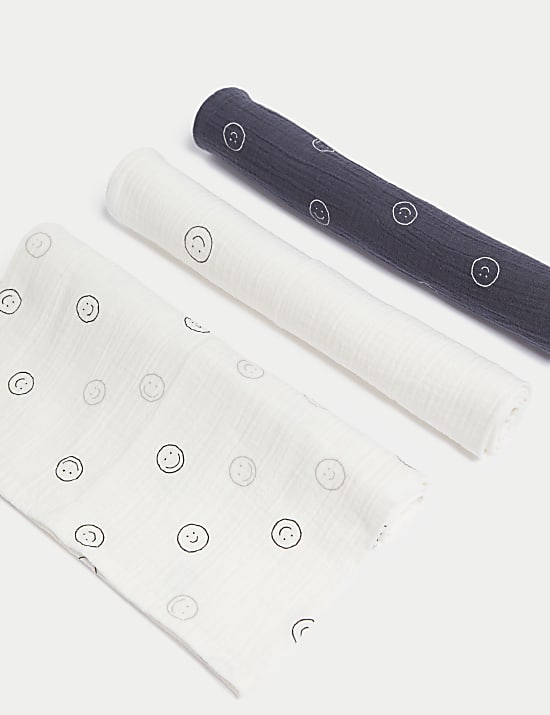 3pk Pure Cotton Happy Face Muslins