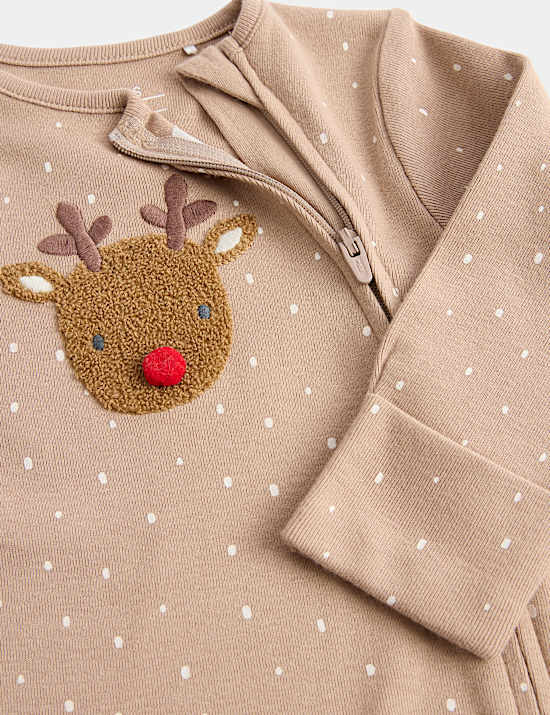 Pure Cotton Christmas Reindeer Sleepsuit (7lbs - 12 Mths)
