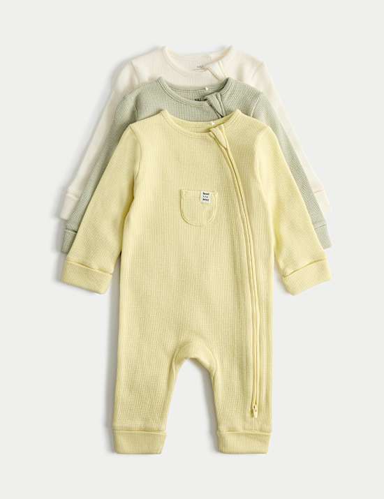 3 Pack Pure Cotton Waffle Sleepsuits (6lbs 3oz-3 Yrs)
