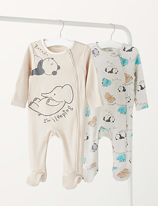 2pk Cotton Rich Animal Sleepsuits