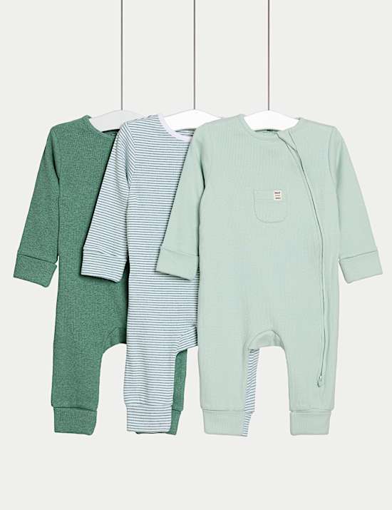 3pk Cotton Rich Zip Sleepsuits (6½lbs-3 Yrs)