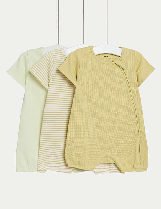 3pk Pure Cotton Waffle Rompers (6½lbs-3 Yrs)